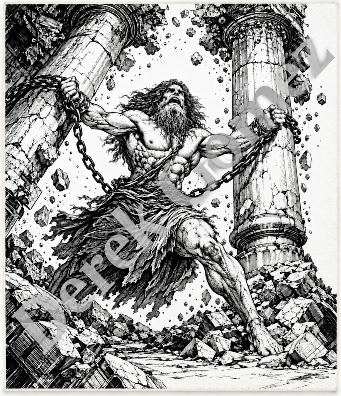 Blind Samson's Final Act of Strength: a powerful figure breaks free among shattered ancient pillars